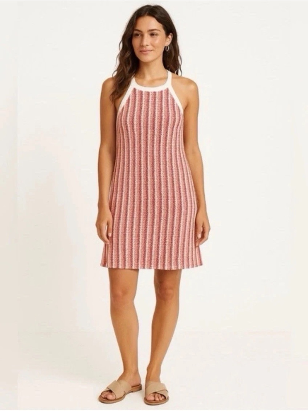C&C California Open-Knit Striped Tee in Coral, Pink & White